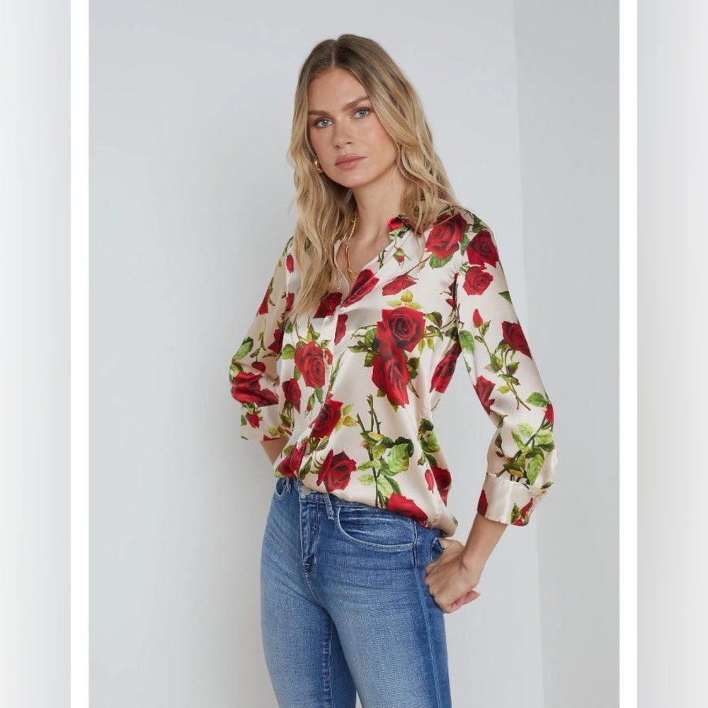 NWT L'Agence Dani Rose Print Silk Button-Up Shirt Blouse - Picture 2 of 5